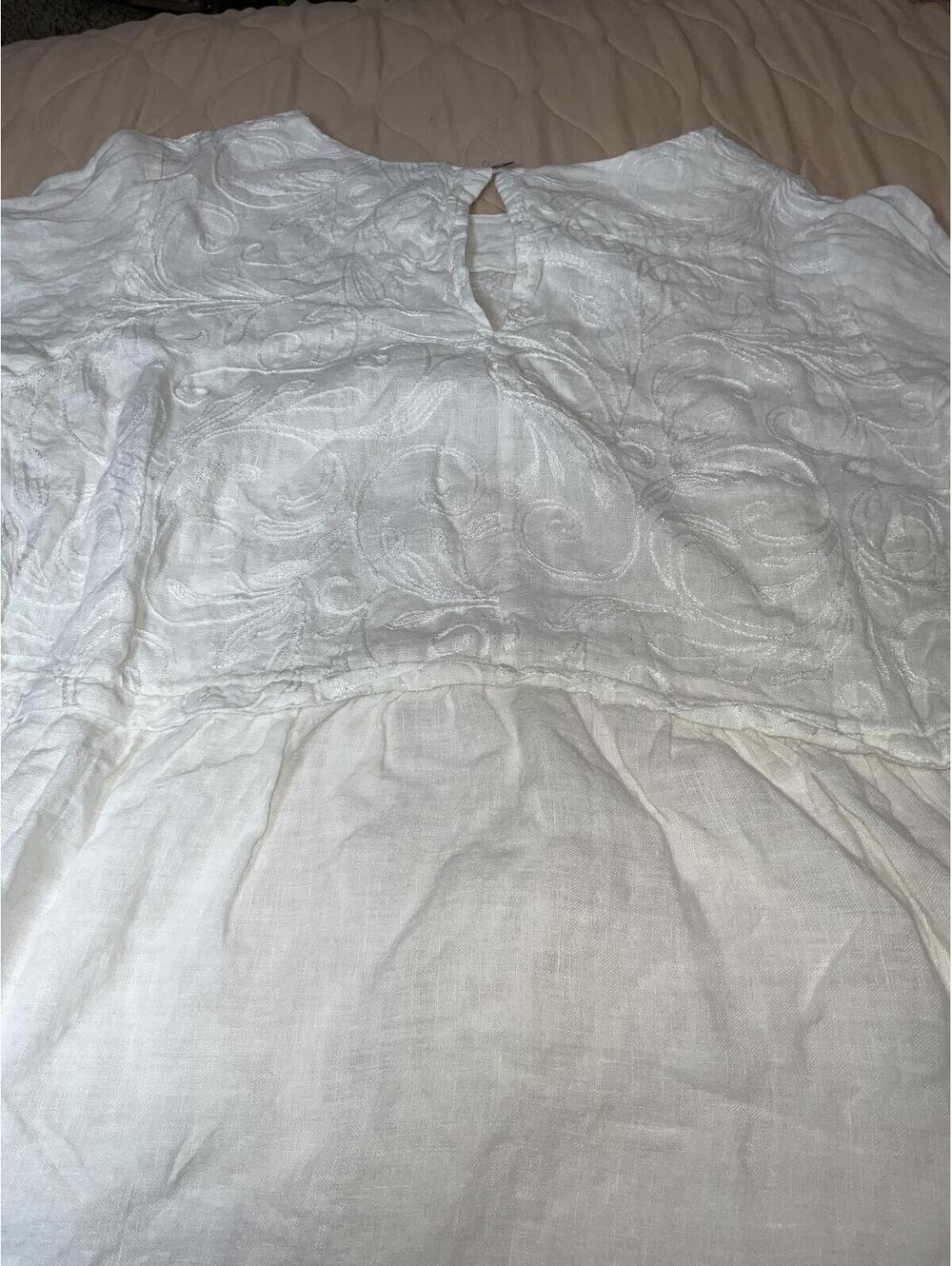 White Embroidered Linen Dress with 3/4 Sleeves